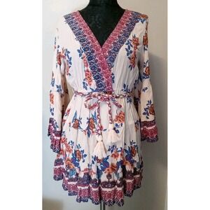Angie‎ Women Blush Pink Multicolor Floral Pattern Boho Braid Tie Dress Size M